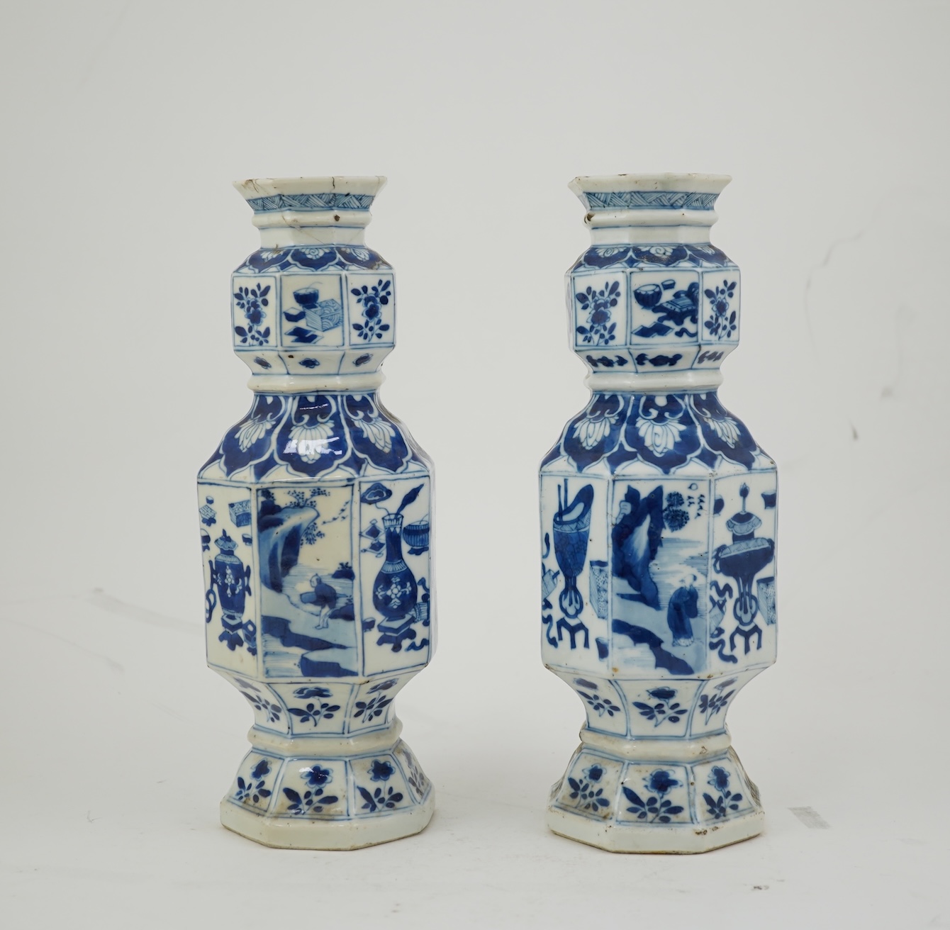 A pair of Chinese blue and white octagonal vases, Kangxi period
